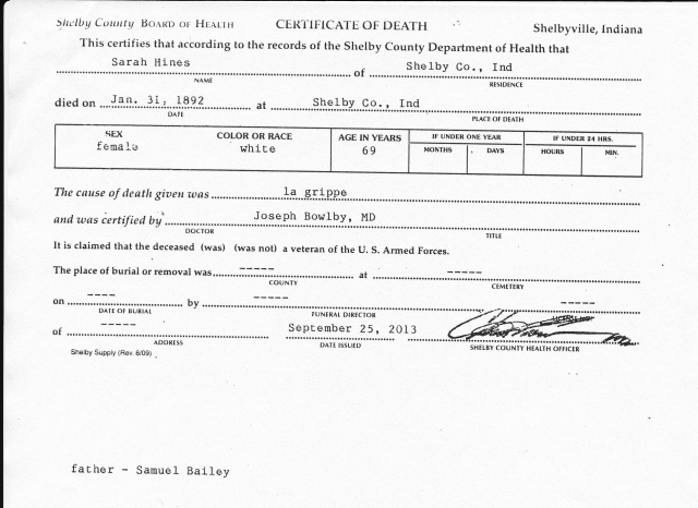 Sarah Bailey-Hinds Death Record submitted by Marjorie Robert