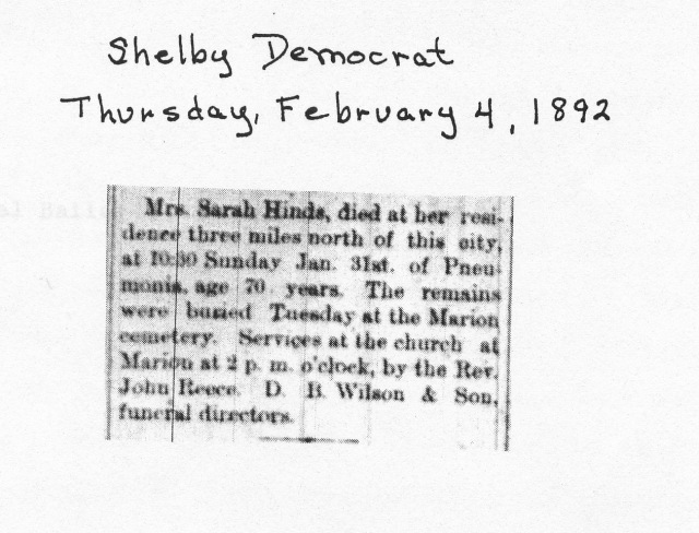 Sarah Hinds Newspaper Obituary submitted by Marjorie Robert